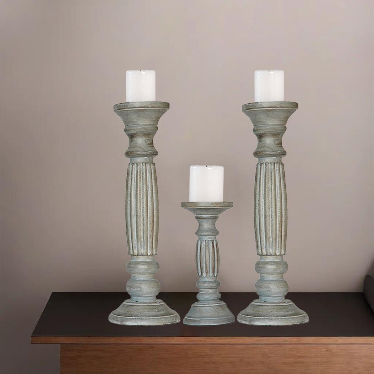 Antique Dusk Mango Wood Candle Holder Set Of 3 Eco-Friendly Handmade Decor